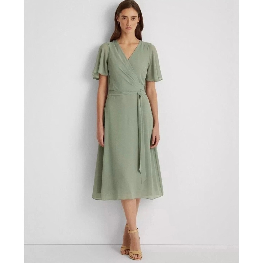 Lauren Ralph Lauren Sage Green Faux Wrap Midi Dress 22W Flutter Sleeve Polyester